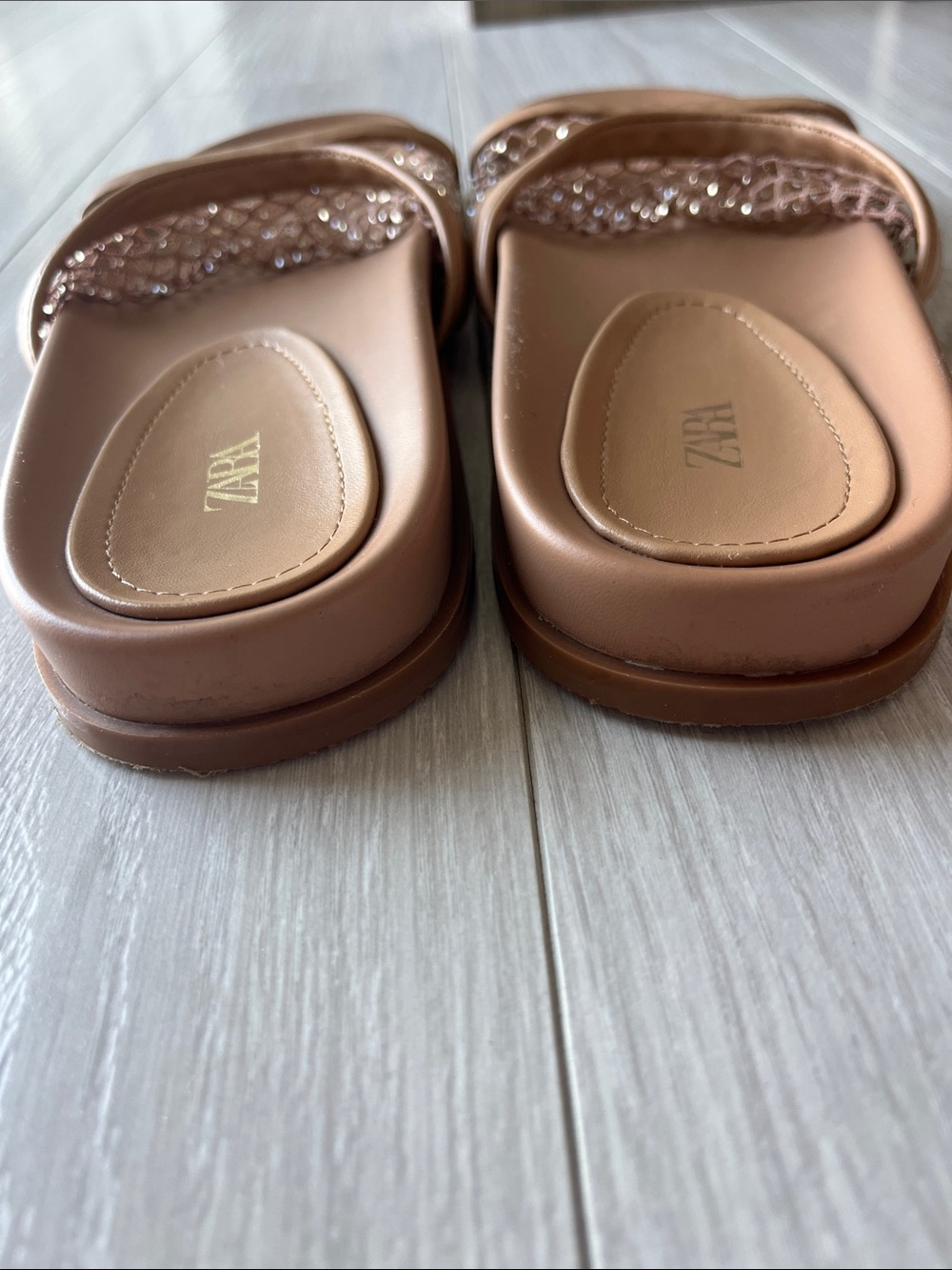 Zara Rhinestone Mesh Flat Slide Sandals Light Beige Size 39 - Picture 6 of 7
